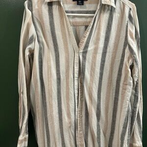 Tahari Striped Button-Up Shirt in Cream, Beige & Gray